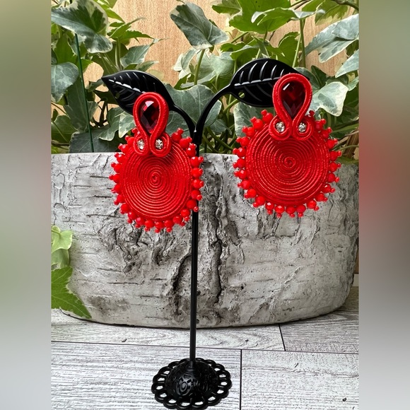 Red Round Elegant Dangle Earrings - Stylish Glam Earrings - Trendy Earrings - Picture 5 of 7